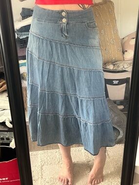 Blue Denim Tiered Maxi Skirt - Women